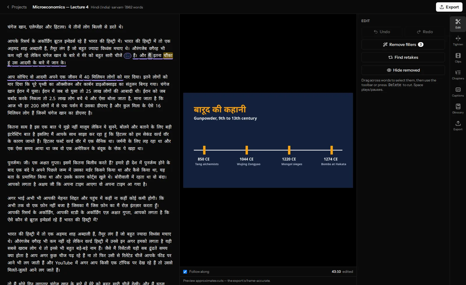 The VidCarve editor with a Hindi lecture transcript. Two runs of words carry a purple media line and a small thumbnail chip; the preview shows a slide titled बारूद की कहानी covering the whole frame