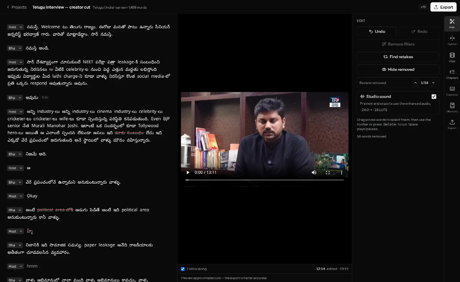 A Telugu interview transcript in VidCarve with Host and Bha speaker badges on each paragraph, next to the video preview