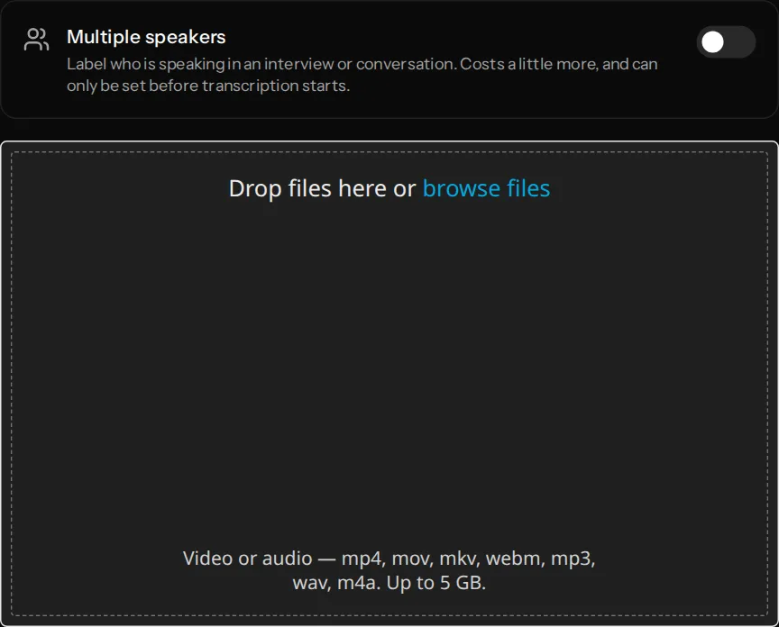 The VidCarve upload screen with the Multiple speakers toggle above a drag-and-drop file dropzone