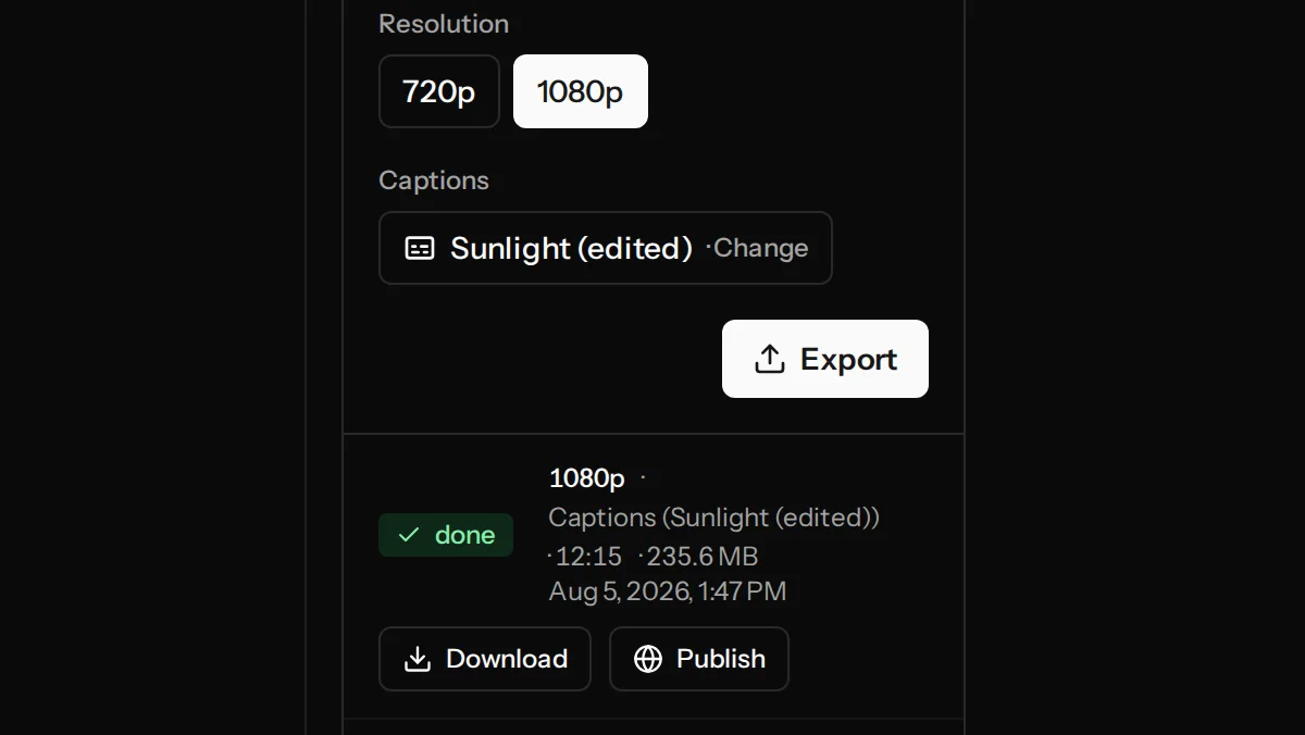 एक्सपोर्ट पैनल: 1080p रेज़ॉल्यूशन, कैप्शन स्टाइल, और पूरा हो चुका एक्सपोर्ट — लंबाई, फ़ाइल साइज़ और डाउनलोड बटन के साथ।